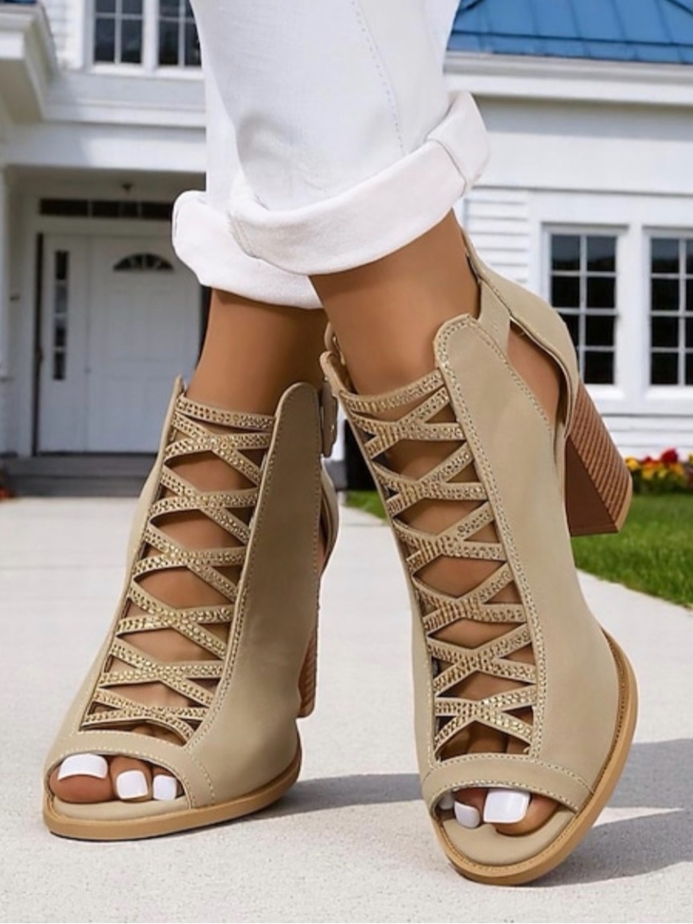 S75 Neutral Beige Lace-Up Peep-Toe Block Heel Booties - Women